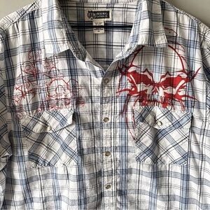 Route 66 Short Sleeve Shirt Pearl Snap White Blue Plaid Skull 2X Vintage Y2K 90s